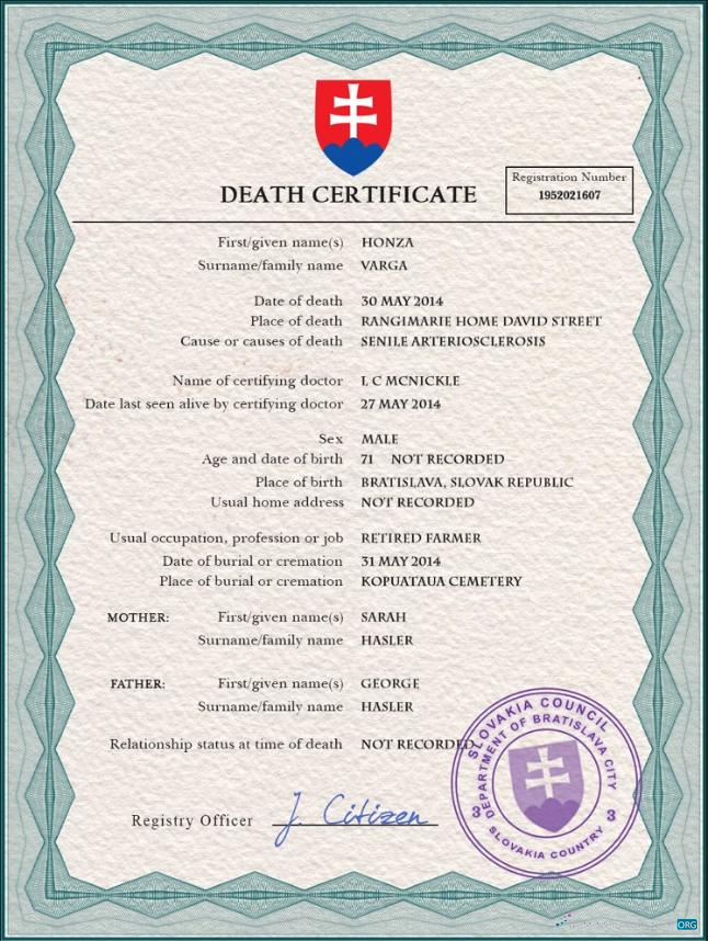 Download Slovakia vital record death certificate PSD template Photoshop template